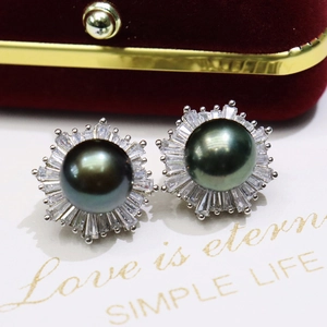 Elegant dark pearl sunflower earrings with sparkling T-shaped cubic zirconia accents