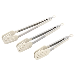 Three-piece stainless steel kitchen tongs set with beige silicone tips for grilling