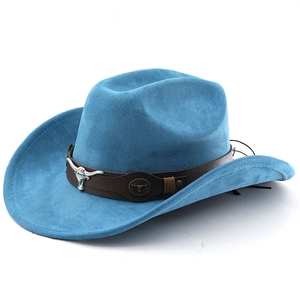 Detail of western cowboy hat featuring blue suede texture and bull head metal buckle