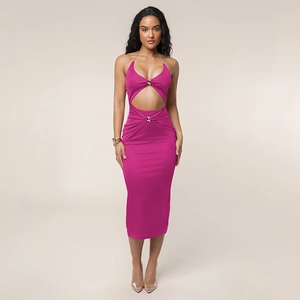 Halter Neck Midi Dress Stretch Satin Hollow Out Deep V Bodycon Sleeveless Backless Elegant Evening Party Clubwear