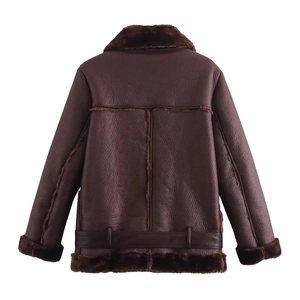 Back view of dark brown faux fur jacket showing high-quality leather texture and stitching