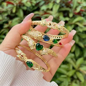 Luxury 18K Gold Plated Copper Leopard Head Bracelet With Zirconia Gemstone Inlaid Animal Series Open Bangle For Women Jewelry