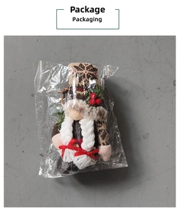 Detail of Christmas gnome with snowflake knit hat and white braids in clear packaging
