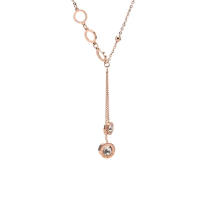 Rose gold Y-necklace featuring Roman numeral geometric circles and sparkling crystals