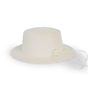 Close-up of cream straw hat featuring detailed woven texture and minimalist bow decoration