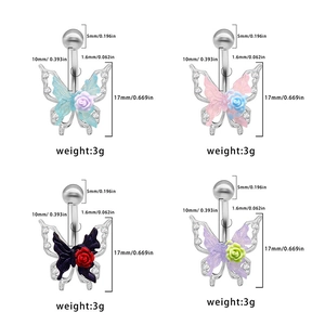 Detailed size chart of butterfly rose belly rings with color options and dimensions