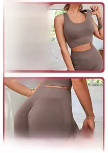 Détails de la taille haute et des larges bretelles de l'ensemble de yoga marron