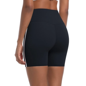 Close-up of high-waisted yoga shorts with side stripes and quick-dry fabric detail