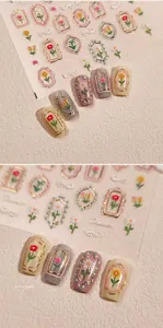 Detail of M-979 3D embossed floral nail stickers with gold rose and daisy patterns