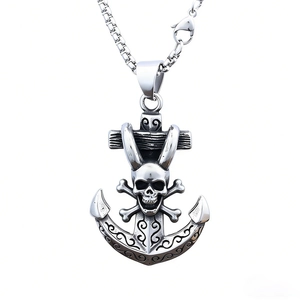 Men's gothic anchor skull cross pendant in vintage silver stainless steel with box chain