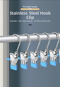 Detail of stainless steel hooks with blue PVC coating for non-slip laundry hanging
