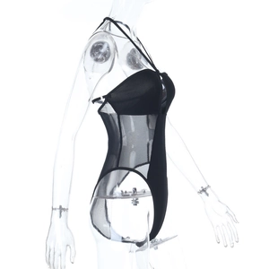 Detailed side view of black sheer mesh halter bodysuit with high-cut waist on mannequin