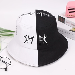 Street style black and white bucket hat with graffiti SMFK print and cotton canvas texture