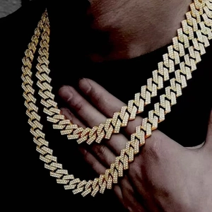 Hip hop 14mm gold-plated Cuban link chain with sparkling diamond-set rhombus links