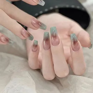 Press On Nails Long Coffin Gradient Marble Ink Texture Glossy Finish Full Cover Artificial Fingernails For Women Elegant