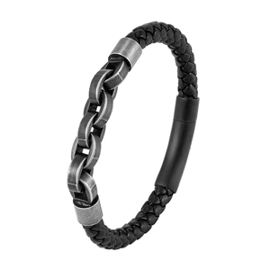Men's braided black leather bracelet with silver metal chain and magnetic clasp