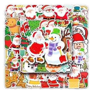 Close-up of waterproof Christmas graffiti stickers with Santa Claus and reindeer designs