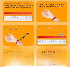 Size guide for Cuban chain bracelet showing measurement steps and a wrist sizing chart