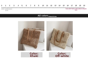 Size chart showing khaki and off-white woven tote bags with leather handles in centimeters