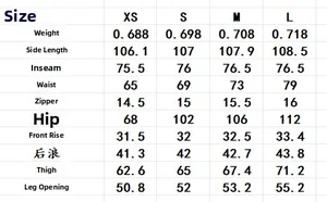 Tableau des tailles détaillé pour pantalons larges de femme de la taille XS à L