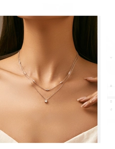 Close-up of double-layered S925 silver necklace with square moissanite on neck model