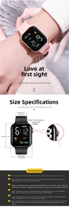 Detail view of pink LED digital watch dial and adjustable silicone strap dimensions