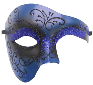 Detail of blue and black phantom masquerade mask featuring ornate glitter patterns