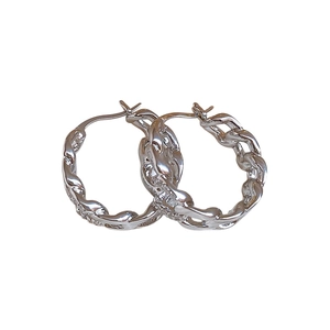 Silver chain textured hoop earrings with interlocking links and secure clasp closure