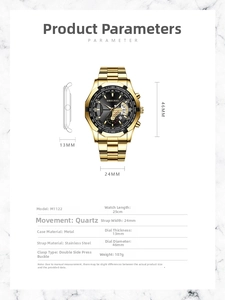 Close-up of MREURIO men's gold watch showing 46mm case, steel band and quartz specs