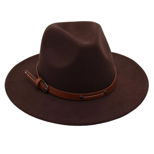 Close-up of dark brown wool felt fedora featuring a leather band with metal buckle detail