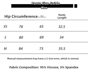 Size chart for high-waisted shorts showing hip, waist and length in XS to M