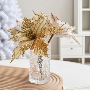 Champagne gold poinsettia Christmas tree flower with sequins in glass vase decor