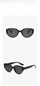 Detailed views of glossy black cat-eye sunglasses with dark grey polarized lenses