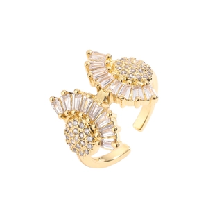 Luxurious gold open ring with fan-shaped zircon geometric patterns on a white background