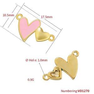 Pink enamel and 18K gold plated double heart pendant connector for women jewelry