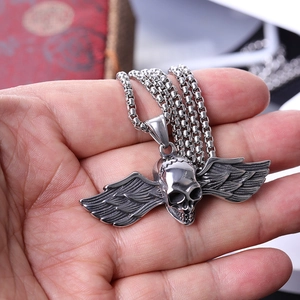 Men's stainless steel necklace with winged skull pendant on a round box chain