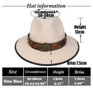 Size chart for western cowboy hat showing 56-58cm head circumference and 7.5cm brim width