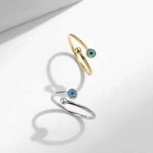 Minimalist S925 sterling silver open rings with blue evil eye and polished bead detail
