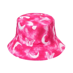 Rose red tie-dye bucket hat with white butterfly and moon prints for women sun protection