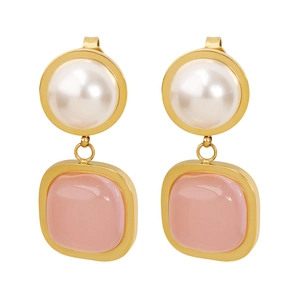 Elegant gold drop earrings featuring white faux pearls and square pink jade resin pendants