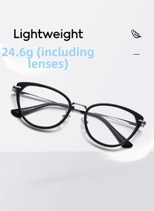 Macro shot of black cat-eye glasses weighing 24.6g, featuring lightweight silver temples