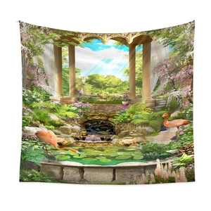Wandteppich-Detail mit Flamingos, Steinbögen und Kirschblüten in einem klassischen Garten
