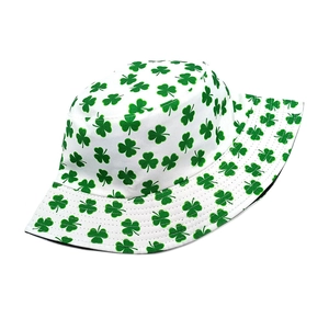 White bucket hat with green clover print for sun protection in summer outdoor activities