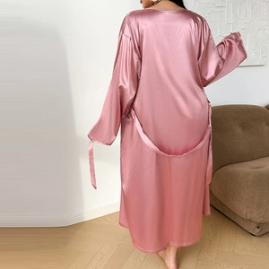 Pink silk satin kimono robe for women featuring long sleeves and an adjustable waist tie