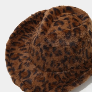Plush leopard print cowboy hat with western style heart-shaped top and faux fur texture