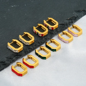 Geometric U Shape Hoop Earrings 18K Gold Plated Stainless Steel Colorful Zircon Inlaid Vintage Fashion Jewelry For Women
