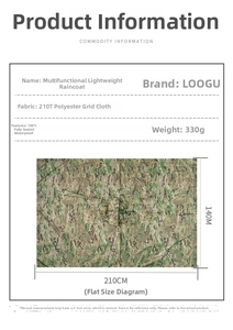 Size chart showing 210T polyester camo poncho specs 210x140cm and 100% waterproof detail