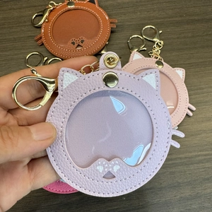 Lavender cat-shaped badge holder made of PU leather with a transparent window and keychain