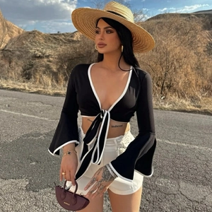 Sexy black V-neck tie-up crop top with flare sleeves and white contrast trim for women