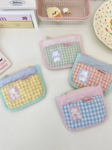 Cute heart-quilted bear coin purses in pastel plaid patterns for card and small item storage